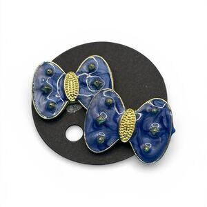 Blue and Gold Tone Bow Enamel Earrings Whimsical